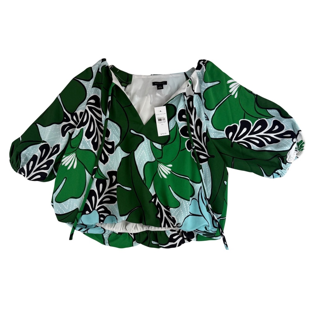 Ann Taylor Blouse Womens XS Green Tropical Floral Puff Sleeve V-Neckβ NWT
